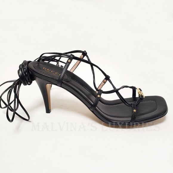 GUCCI SHOES INTERLOCKING G LOGO ANKLE TIE STRAPPY BLACK SANDALS sz 39.5 9.5 - Picture 6 of 15